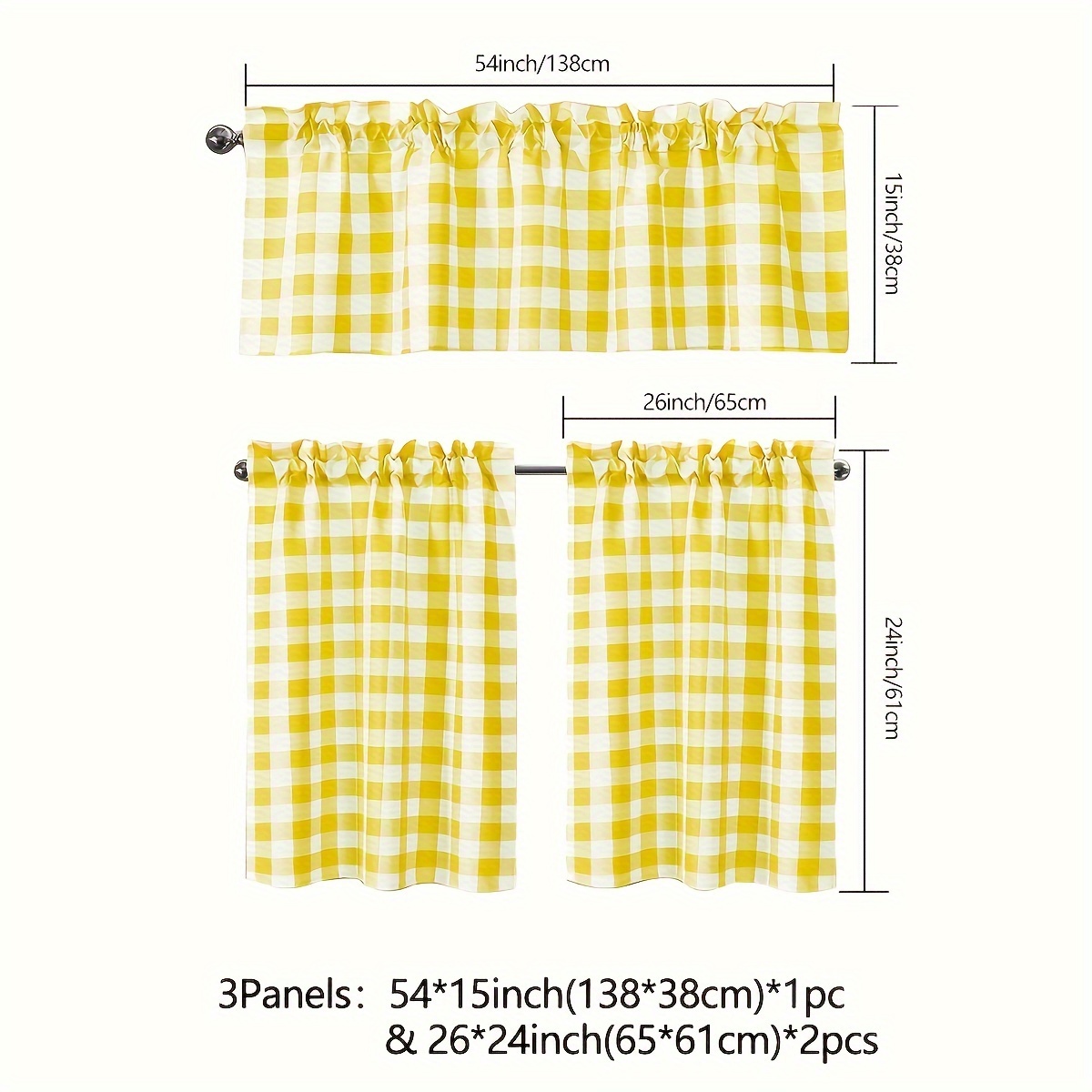 ENIYUU 3pcs Gingham Curtain Set Classic Country Kitchen Window