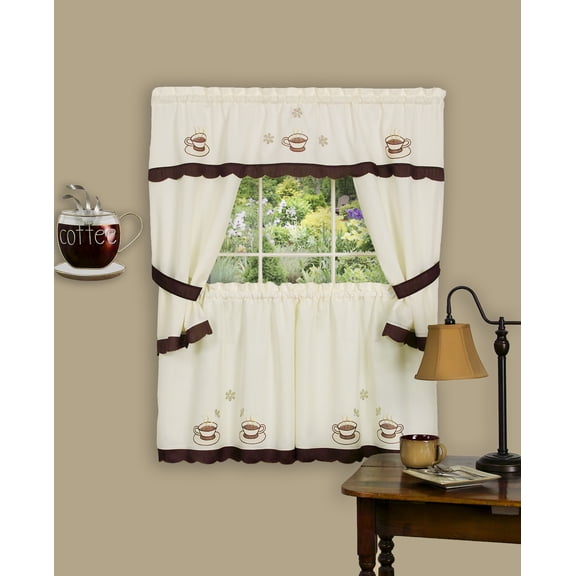 ENIYUU Home Furnishing Cuppa-Joe Window Kitchen Curtains 3-Piece Embellished Cottage Set - 56” (W) x 36” (L) Complete Set Brown