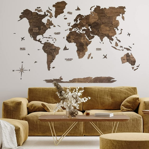 Enjoy The Wood 3D Wood World Map Wall Art Large Wood Wall Décor Housewarming Gift Idea Wood Wall Art World Travel Map for Home & Kitchen or Office (M, Dark Walnut)