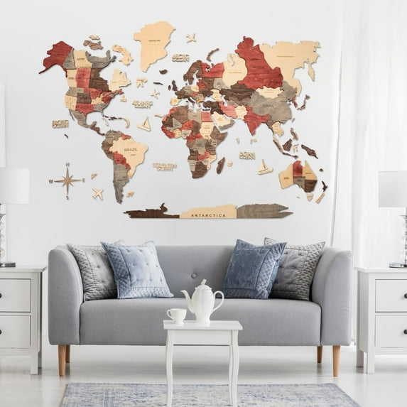 Enjoy The Wood 3D Wood World Map Wall Art Large Wood Wall Décor Housewarming Gift Idea Wood Wall Art World Travel Map for Home & Kitchen or Office (M, Fusion)