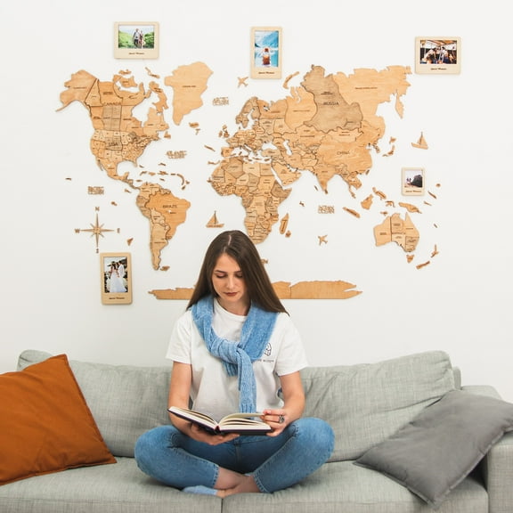 Enjoy The Wood 3D Wood World Map Wall Art Large Wood Wall Décor Housewarming Gift Idea Wood Wall Art World Travel Map for Home & Kitchen or Office (M, Light)