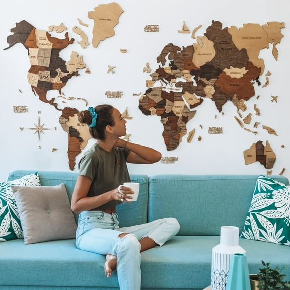 Enjoy The Wood 3D Wood World Map Wall Art Large Wood Wall Décor Housewarming Gift Idea Wood Wall Art World Travel Map for Home & Kitchen or Office (XL, Multicolored)