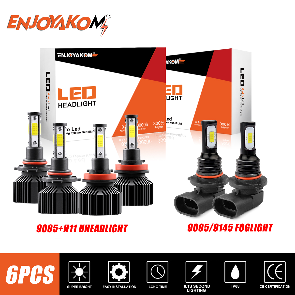 ENJOYAKOM 6pcs LED Headlight High Low Beam + Fog Light Bulbs Kit For