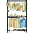 thumbnail image 1 of ENJOYBASICS Heavy Duty Metal Garment Rack, 3 Tires Rolling Clothes Rack with Lockable Wheels, Portable Clothes Racks for Hanging Clothes, Wardrobe Storage Rack with Double Rods and Side Hooks, Black, 1 of 8