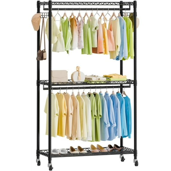 ENJOYBASICS Heavy Duty Metal Garment Rack, 3 Tires Rolling Clothes Rack with Lockable Wheels, Portable Clothes Racks for Hanging Clothes, Wardrobe Storage Rack with Double Rods and Side Hooks, Black