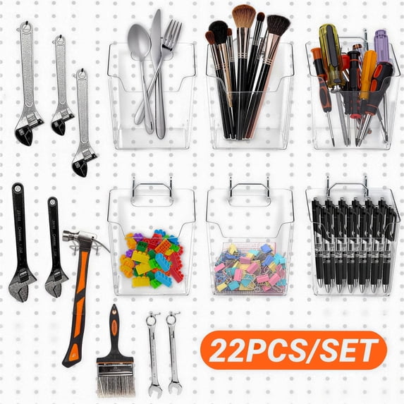 ENJOYWOOD 22 Piece Pegboard Accessories and Hooks Set,Clear Pegboard Cups