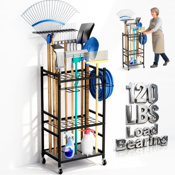 Garden Tool Organizer,ENJOYWOOD 3 Tier Garden Tool Rack With Wheels and Hooks for Garden Yard Shed and Lawn