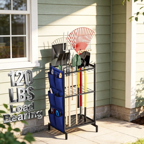 Garden Tool Organizer,3-Tier Garden Tool Rack with 6 Side Pockets and 11 Hooks