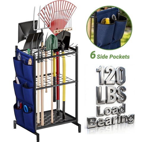 Garden Tool Organizer,3-Tier Garden Tool  Rack with 6 Side Pockets and 11 Hooks