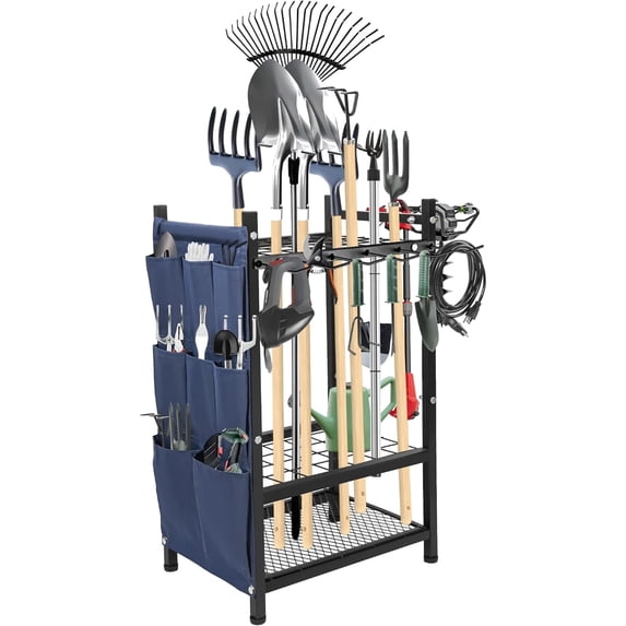 Garden Tool Rack Freestanding, Heavy Duty Garden Tool Organizer, 3-tier Tool Rack, Multifunctional Yard Tool Storage with Hooks and Storage pockets