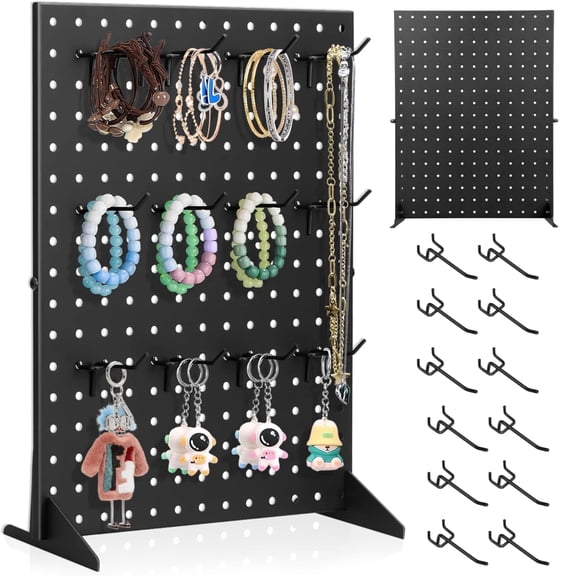 Pegboard,ENJOYWOOD Metal Freestanding Pegboard Display Stand with 12 Peg Hooks for Home & Craft Shows & Fairs,Black