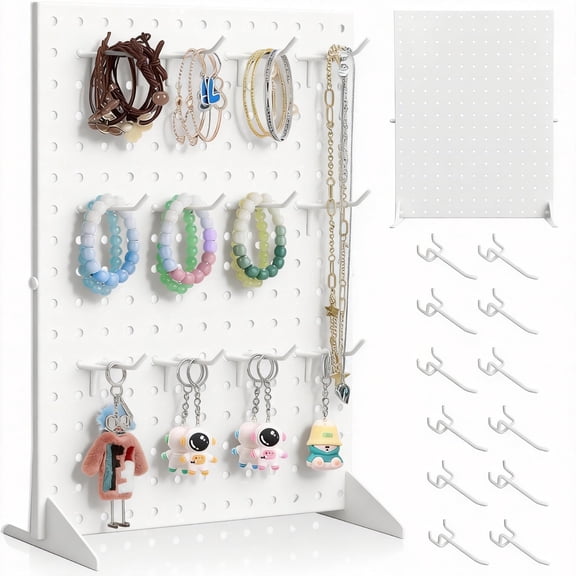 Pegboard,ENJOYWOOD Metal Freestanding Pegboard Display Stand with 12 Peg Hooks for Home & Craft Shows & Fairs,White