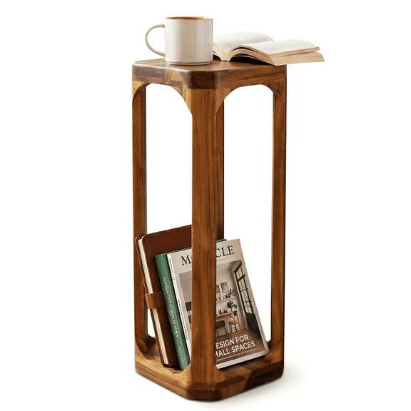 ENKEZI No Assembly Small Side Table, 24 Inch Tall Real Acacia Wood Slim End Table, Compact Wooden Table for Sofa, Balcony Coffee Table for Small Spaces (Square)