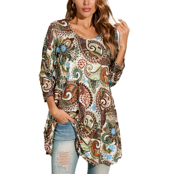 ENMAIN 3/4 Length Sleeve Women's Tunics Tops Plus Size Dressy Casual Tops Trendy Brown Paisley 3XL