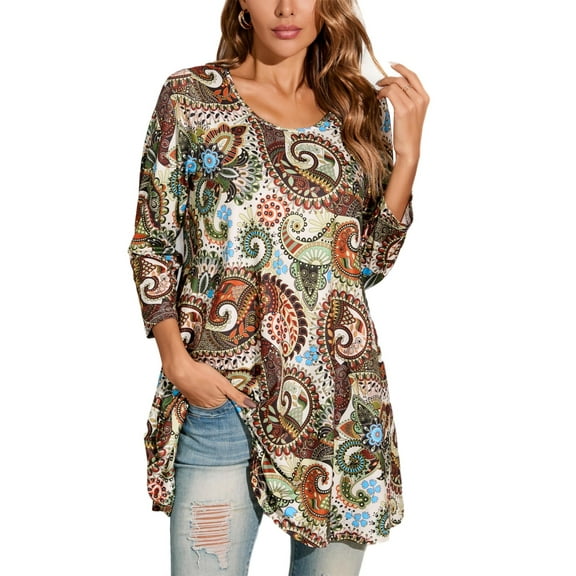 ENMAIN 3/4 Length Sleeve Women's Tunics Tops Plus Size Dressy Casual Tops Trendy Brown Paisley 3XL