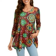 ENMAIN Womens Tunic Tops V Neck 3/4 Sleeve Blouses Casual Red Shirts Flowy Tunics Irregular Hem 3XL