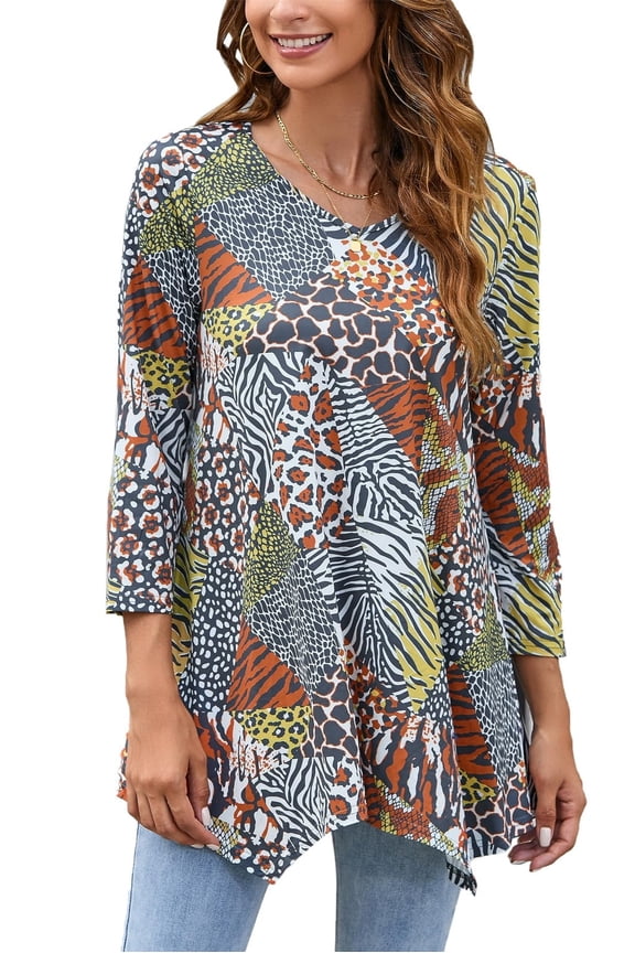 3/4 Sleeve Shirts for Womens Plus Size Tunic Tops Dressy Top Loose Fit Leopard T-Shirts 2XL