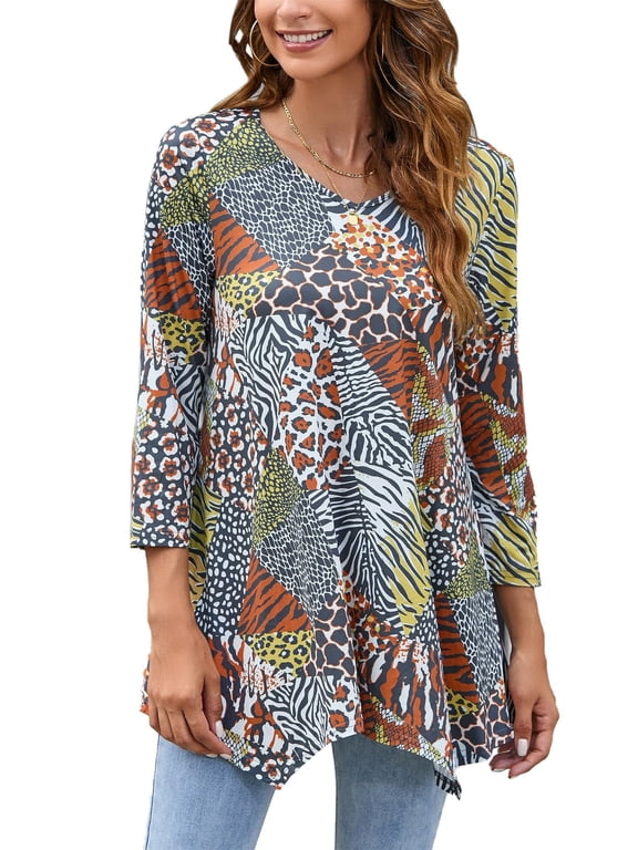3/4 Sleeve Shirts for Womens Plus Size Tunic Tops Dressy Top Loose Fit Leopard T-Shirts L