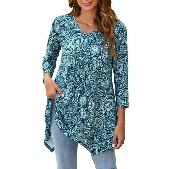 ENMAIN 3/4 Sleeve Tunic Tops for Women Paisley V Neck Shirts Casual Swing Flare Ladies Blouse