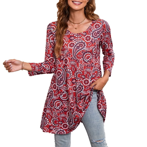 ENMAIN 3/4 Sleeves Tunic Tops for Women Pink Paisley Printed Blouse Crew Neck Plus Size Swing Shirt
