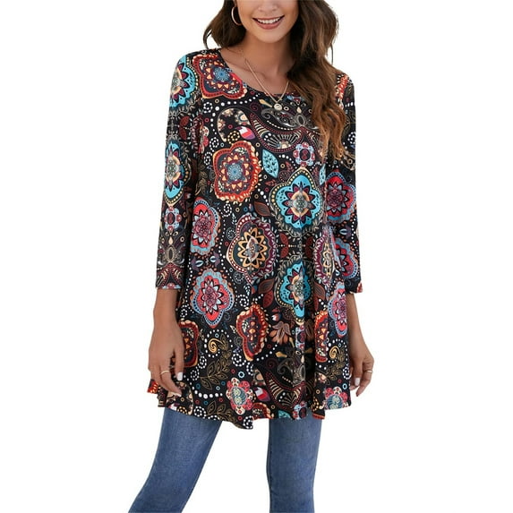 ENMAIN 3/4 Sleeves Tunic Tops for Women Round Neck Shirt Floral Printed Blouse Plus Size Black L