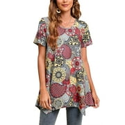 ENMAIN Dressy Tops for Womens Summer Casual Short Sleeve Tunics Tops Plus Size Shirts Grey Red L