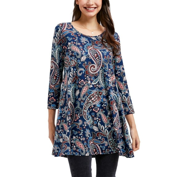 ENMAIN 3/4 Sleeve Shirts for Women Dressy Tunic Tops Casual Wear with Paisley Blouses Navy Blue M