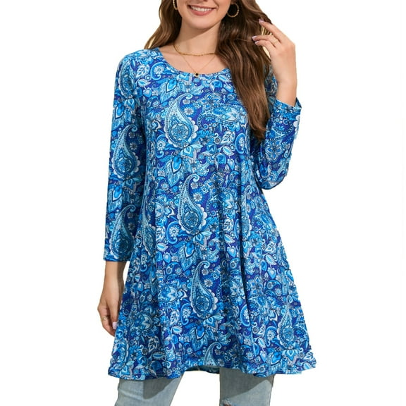 ENMAIN Plus Size Tops for Women 3/4 Sleeve Shirts Swing Flare Tunics Loose Fit Blouse Blue Clothes