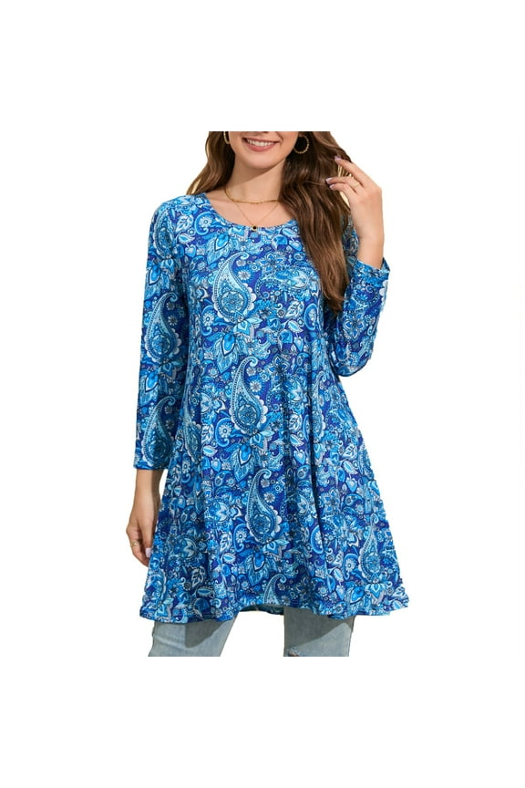 Plus Size Tops for Women 3/4 Sleeve Shirts Swing Flare Tunics Loose Fit Blouse Blue Clothes