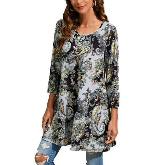 ENMAIN Womens Tunic Top 3/4 Sleeve T Shirts Plus Size Tops Loose Fit Blouses for Leggings Paisley 2XL