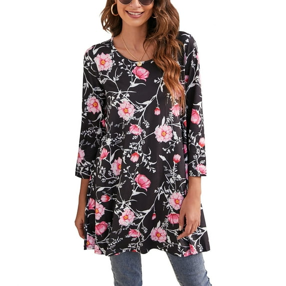 ENMAIN Plus Size Tunic 3/4 Sleeve Shirt Casual Dressy Crew Neck T Shirts Loose Fit Floral Blouses 2XL