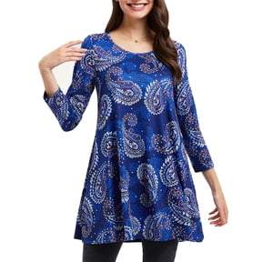 ENMAIN Plus Size Tunics for Women 3/4 Sleeve Paisley Tops Loose Fitting Clothes Blue Flare Blouses