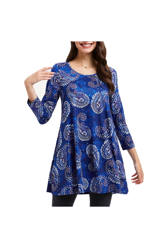 Plus Size Tunics for Women 3/4 Sleeve Paisley Tops Loose Fitting Clothes Blue Flare Blouses