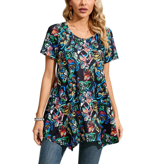 ENMAIN Summer Tunic Tops for Women Short Sleeve Shirts Casual Plus Size Blouses Loose Fit Dressy M