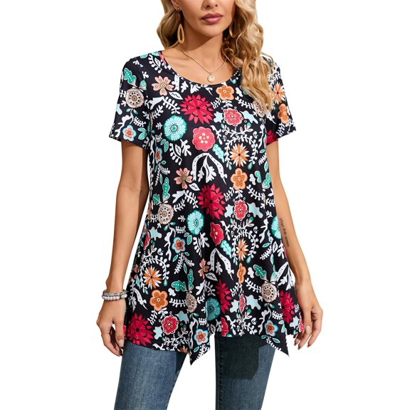 ENMAIN Summer Tunics for Women Plus Size Short Sleeve Tops Casual Swing Dressy Loose Fit Black L