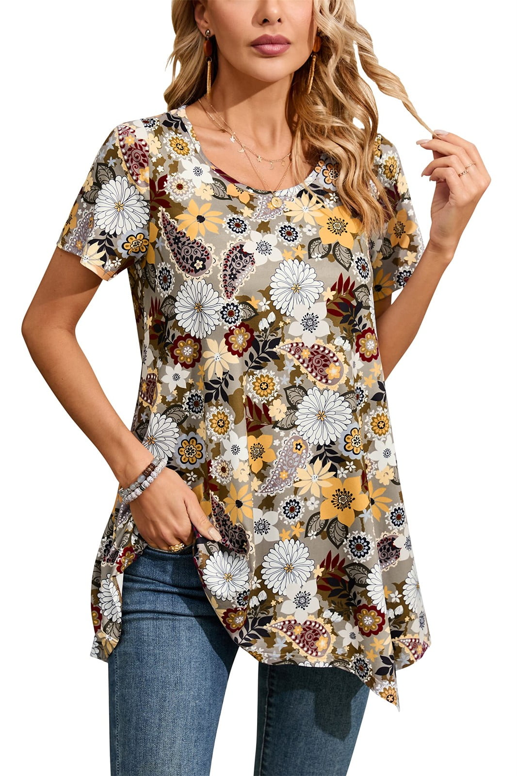 ENMAIN Tunic Tops for Women Plus Size Short Sleeve Tunics Loose Fit ...