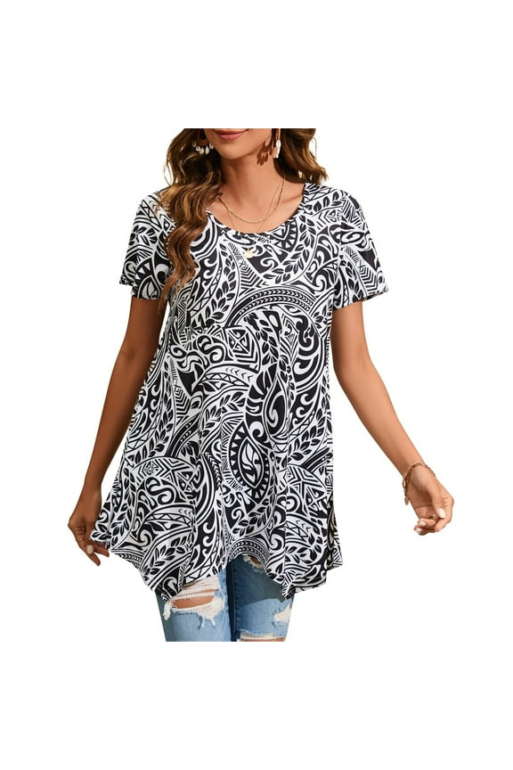 Tunic for Women Summer T Shirts Casual Short Sleeve Tunics Tops Plus Size Black White M