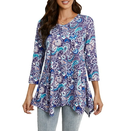 ENMAIN Tunics for Women 3/4 Sleeve V Neck Tops Casual Paisley Floral Printed Swing Plus Size Blouses
