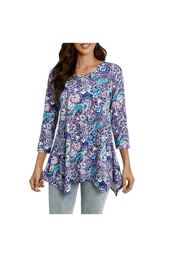 Tunics for Women 3/4 Sleeve V Neck Tops Casual Paisley Floral Printed Swing Plus Size Blouses