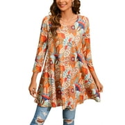 ENMAIN Women 3/4 Sleeve Tunic Tops Plus Size Shirts Orange Paisley Blouses Casual Loose T-Shirts 2XL