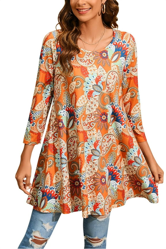 Women 3/4 Sleeve Tunic Tops Plus Size Shirts Orange Paisley Blouses Casual Loose T-Shirts 2XL