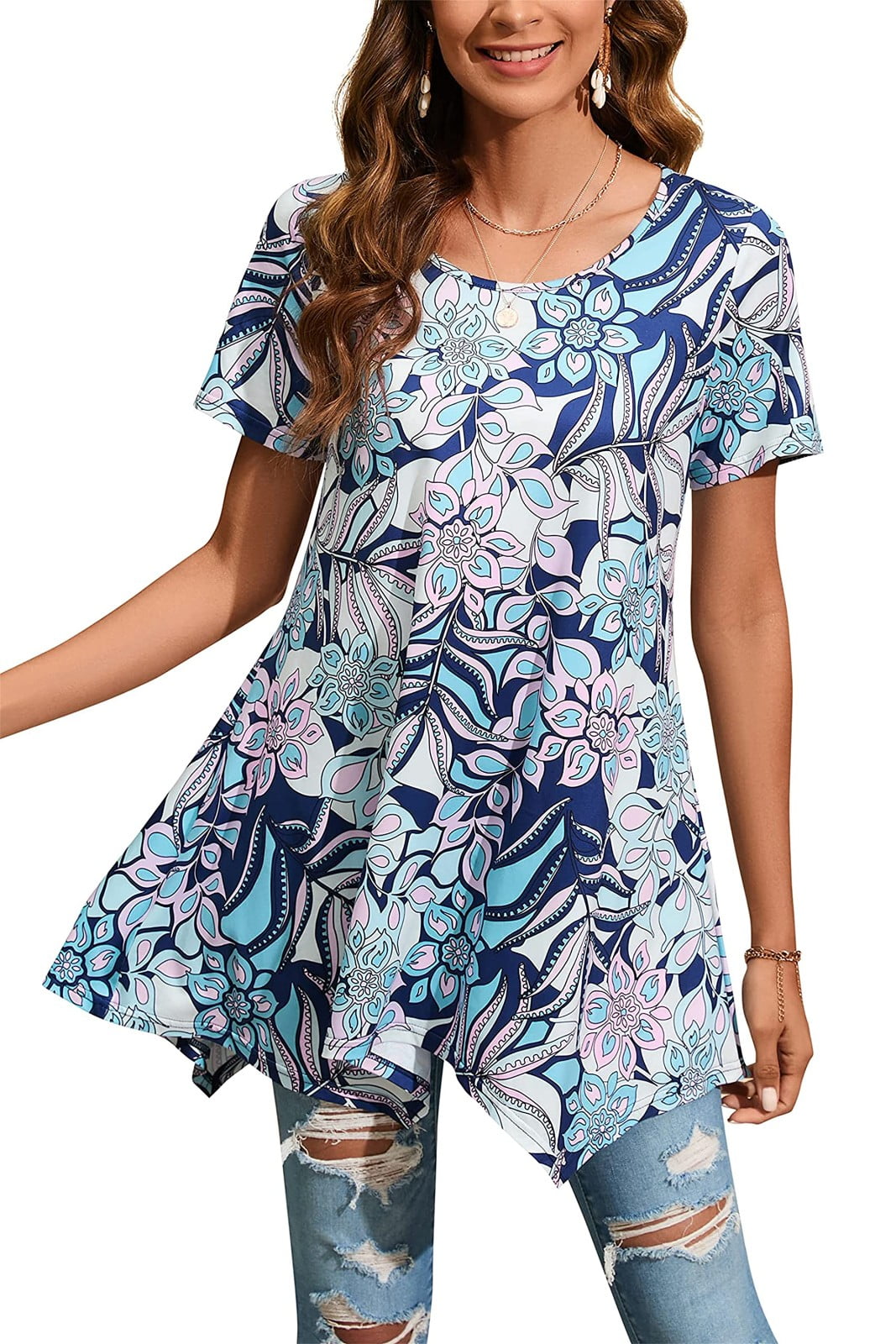 ENMAIN Women Casual Tunic Tops Summer Short Sleeve Shirt Plus Size ...