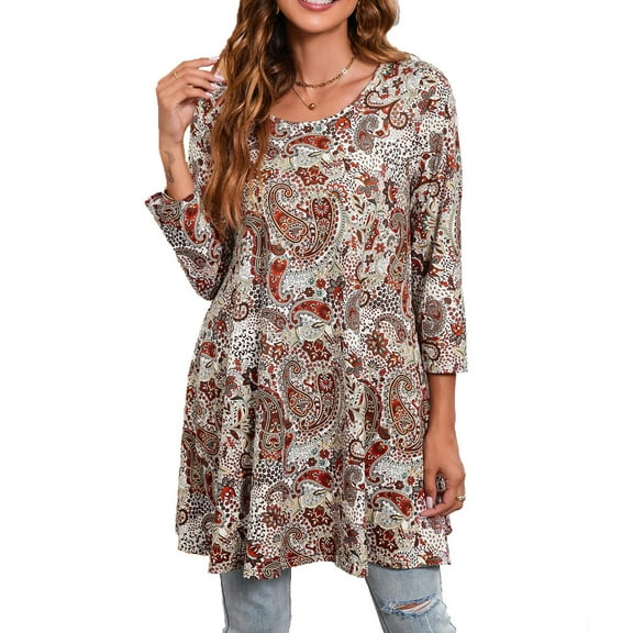ENMAIN Women's Paisley Tunic Tops Plus Size 3/4 Sleeve Shirts Round Neck Blouse for Leggings Beige