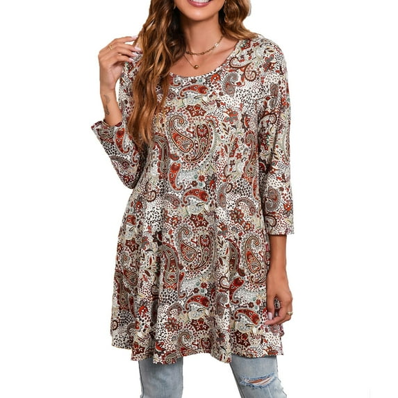 ENMAIN Women's Paisley Tunic Tops Plus Size 3/4 Sleeve Shirts Round Neck Blouse for Leggings Beige