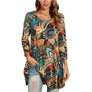 ENMAIN Women Top 3/4 Sleeve Plus Size Tunic Tops to Wear with Leggings Orange Swing Flare Dressy 2XL