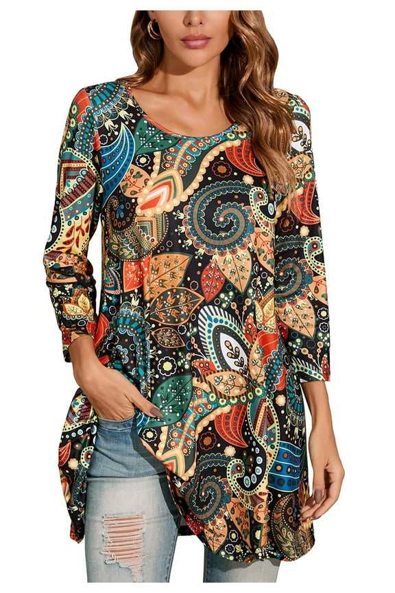 Women Top 3/4 Sleeve Plus Size Tunic Tops to Wear with Leggings Orange Swing Flare Dressy 2XL