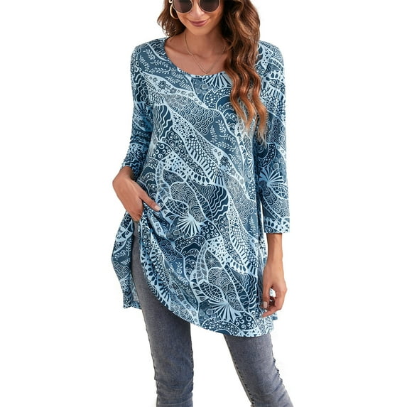 ENMAIN Women Plus Size Tops Dressy Casual 3/4 Sleeve Shirt Tunic Tops to Wear With Leggings Blue M