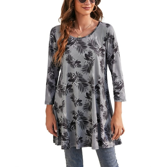 ENMAIN Womens Tops 3/4 Sleeve Shirts Crew Neck Blouses Dressy Casual Plus Size Tunic Tops Grey M