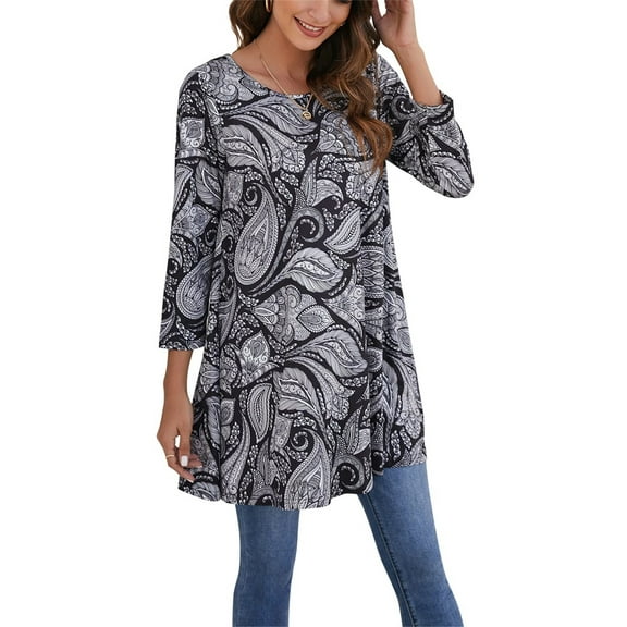 ENMAIN Women Tunic Tops 3/4 Sleeve Dressy Fall Plus Size Tops Swing Flare T-Shirt Grey Paisley 2XL
