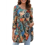 ENMAIN Women Top 3/4 Sleeve Plus Size Tunic Tops to Wear with Leggings Orange Floral Swing Dressy M